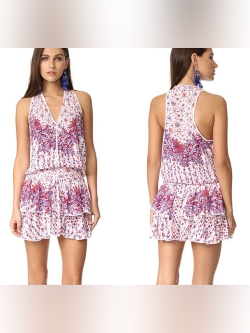 Poupette St Barth Women’s Size M Cotton Tiered Boho Dress – Red & Purple Print
